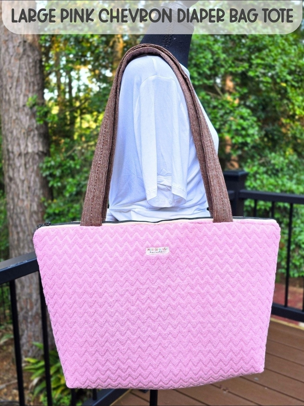 Large Pink Chevron Baby Diaper Tote with Brown Straps